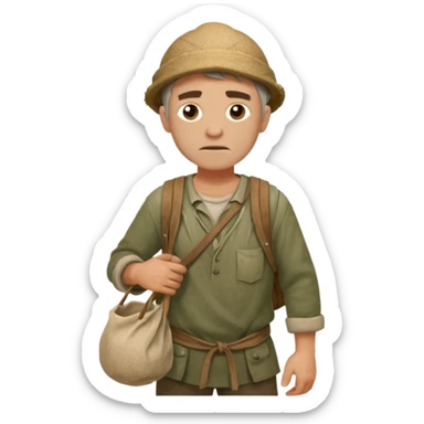 Emoji portrait of a Celtic salt worker. Dirty clothes, weary expression, carrying a sack on his shoulder. sticker