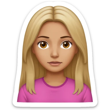 Tan woman with dirty blond hair that is long and she has a middle part and her eyes are brown and she wears a pink shirt  sticker