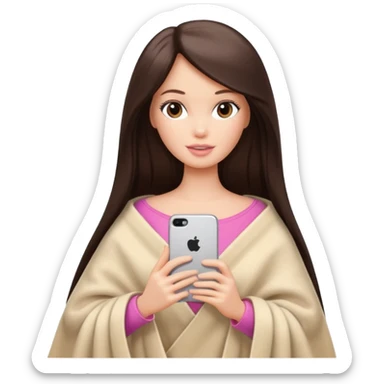Barbie girl with a long straight dark brown hair inside a pale beige blanket holds an iPhone in her hands sticker