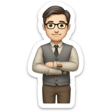 Pale skinned fit man teacher with dark brown hair in gray jacket, beige office shirt, brown tie, brown pants and vintage glasses Writing on the marker board sticker