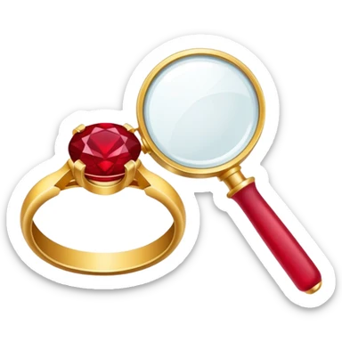 Jewelry art icon, a ring with a ruby, magnifying glass, and pliers, minimalistic style, clean lines, transparent background. sticker