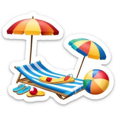 Icon for Beach Tourism: a sandy beach with a beach umbrella, with the ocean landscape in the background, flip-flops, a towel and a beach ball. The icon should capture the relaxation and fun of beach vacations. Transparent background. sticker