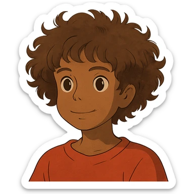 ghibli style character with curly brown hair, brown eyes, brown skin sticker
