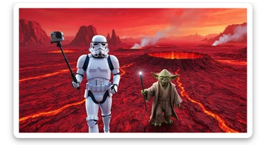 selfie camera, Starwars stormtroopers vlogging , he is walking on lava planet with yoda sticker
