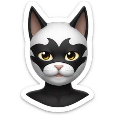 White and black cat wearing a full face black batman mask sticker