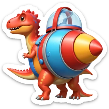cute toy-like rocket-propelled dinosaur, rounded shapes, glossy texture, colorful rocket backpack, happy expression, 3D cartoon, mobile game icon style, clean background, no text, no watermark
 sticker
