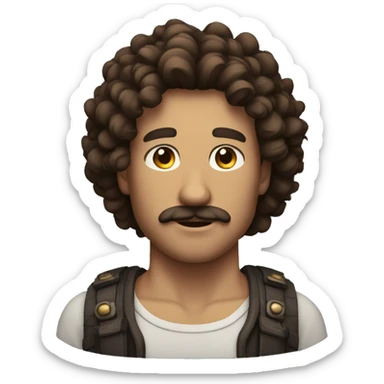 man strong with curly brown hair with mustache and no beard and big shoulders and chest sticker