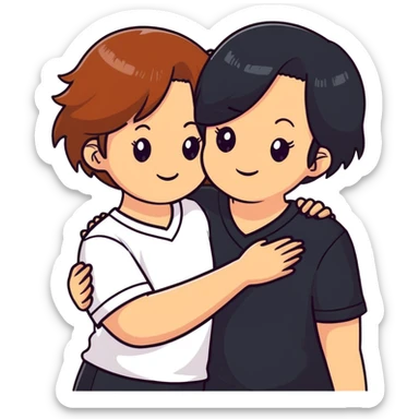 Two girls with light skin, one with chestnut hair and one with black hair, wearing white V-neck shirts, hugging warmly with gentle smiles sticker