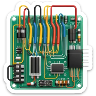 An icon featuring a circuit board, electrical wires, symbolizing electrical engineering. The design includes resistors, capacitors, and a power transformer, representing the study of electrical systems and innovation. Transparent background highlights modern electrical technology sticker