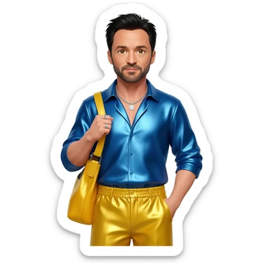 Hugh Jackman with hazel eyes, black hair, periwinkle blue metallic shirt, yellow metallic baggy pants, silver necklace sticker