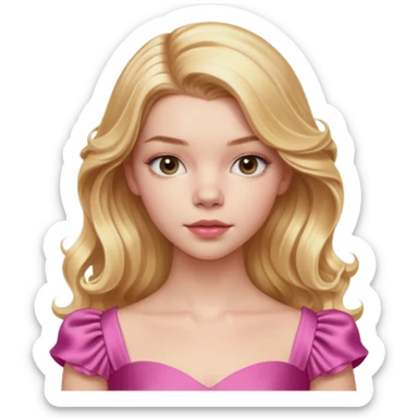 Cinematic Realistic Anya Taylor Joy Portrait, depicted with lifelike skin texture, subtle rosy undertones, and soft natural lighting that enhances the gentle contours of her face. Her intricately detailed golden blonde hair is elegantly wavy, and pink dress corquette sticker