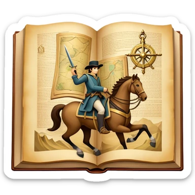 Icon for Reading Fiction: a large open book with pages turning into musketeers on horseback, Sherlock Holmes and Island of treasure map. The icon should evoke the adventure and romance of exploring fictional worlds. Transparent background. sticker