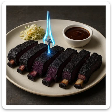 a delicious plate of smoked ribs, the color of the meat is succulent dark blackish purple, the 5 Michelin star dish is plated with a tiny energy sword piercing the center sticker
