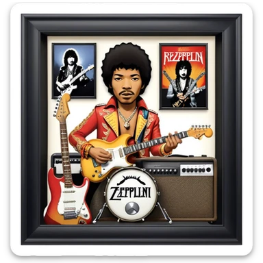 Rock music icon: powerful stage with electric guitars, drums, and amplifiers. Collage of rock icons—Jimi Hendrix, Led Zeppelin, Nirvana, and The Rolling Stones—symbolizing the energy and rebellion of rock. Transparent background. sticker