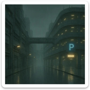 a dark, drab industrial street, dim lights, thick fog and rain. no cars. parking structure. pre-twilight gray. dystopian futurepunk, but the streets are clean, massive structure, very futuristic sticker