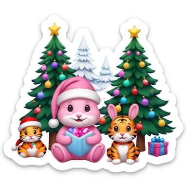 Smiling Pink Bunny with Santa hat sitting with a Tiger as friends and brightly lit colorful Christmas trees 🎁  sticker