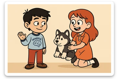 A boy Mindful Blue Original Long Sleeve T blue jeans brown shoe Chinese boy black hair Ringer T White Navy red trousers black shoe Siberian Girl red hair Orange Pro polo dress with socks black loafer a shoe Husky plushie  sticker