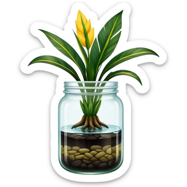 Snake plant with only straight-up dark green leave and yellow top-edges, no background, containe in a glass jar with water up to the middle sticker