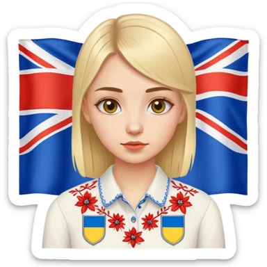 Ukrainian girl in an embroidered shirt against the background of the British flag sticker