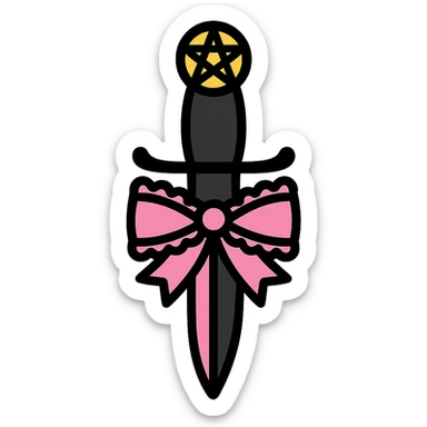 gothic knife, black and pink, with pentagram and lace bow, color outline icon style sticker