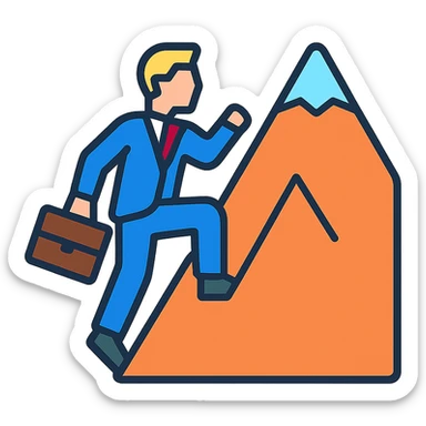 man climbing a mountain in a suit, color outline icon style sticker
