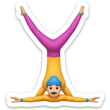"3D man emoji doing a handstand, cheerful, colorful cartoon style, bright vibrant colors, simple background." sticker