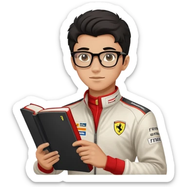 Niño adolescente de 14 años pero parece de 17, alto, musculoso, moreno claro, pelo de librito de color negro, usa lentes cuadrados, alto, corredor de f1, le va a Ferrari  sticker