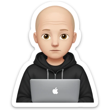 bald young programmer with MacBook wears hoodie  no scalp wrinkle sticker