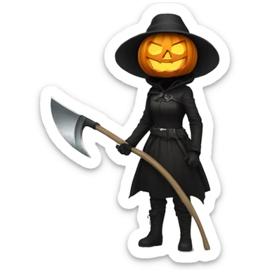 Human female pumpkin hunter with a scythe, glowing pumpkin eyes inside a black helmet, Halloween theme, emoji sticker