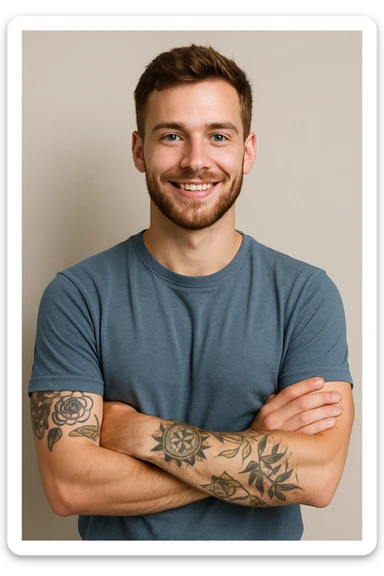 A confident, smiling man, 25, blue eyes, brown hair, short beard, arms crossed, tattoos visible on his left arm. sticker