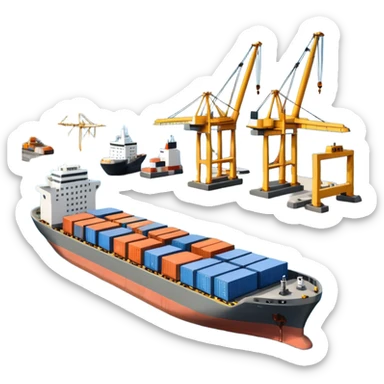 A 3D cartoon cargo or passenger seaport terminal with cranes and ships docked, calm lighting, Memoji-style realism. sticker