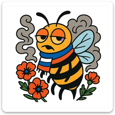 bee with a Russian flag scarf, droopy eyes, surrounded by swirling smoke and poppy flowers, playful rebellious attitude sticker