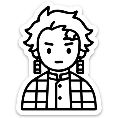 Tanjiro Kamado from Demon Slayer, outlined icon style, simple lines, green and black checkered haori, hanafuda earrings sticker