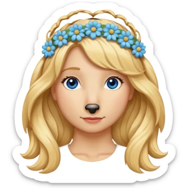 Long, straight, blonde hair, blue eyed woman.   Wavy, blonde goldendoodle sticker