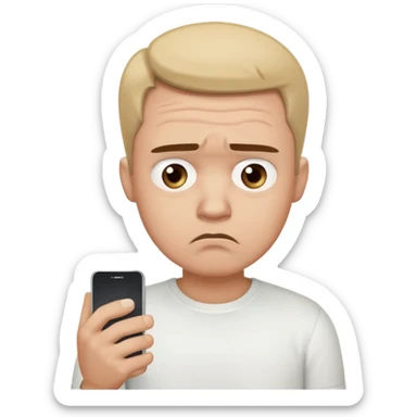 A sad-looking cartoon man holding a smartphone, staring at the screen with worried eyes and a frown, wearing a white shirt. sticker