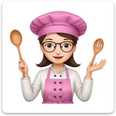 brunette girl with glasses and a pink kitchen hat cooking, different pose, emoji style sticker