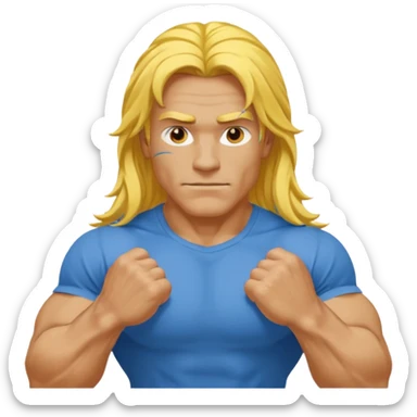 guy with biceps, long yellow hair, blue t-shirt sticker
