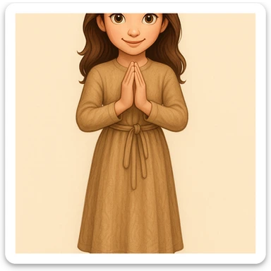 Enhance the face to be very pretty and detailed, with expressive features. Make the dress more detailed and textured, keeping the same light tan color and fullbody pose. Render in emoji style. sticker