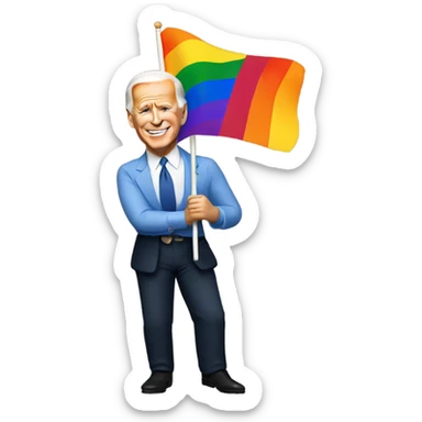 Joe Biden holding a gay flag sticker