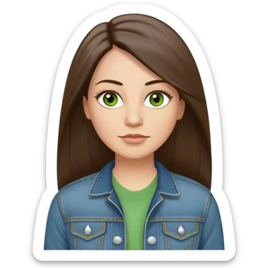 43 year old Adult woman avatar, light skin tone, long, oval face, long straight ashy brown hair, green almond-shaped eyes with dramatic eyelashes and minimal eyeliner, neutral mouth, medium straight eyebrows, small nose, smooth skin,  white t shirt, denim jacket sticker