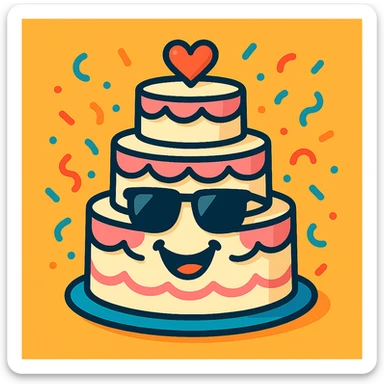 smiling wedding cake with sunglasses and confetti, humorous and festive, ideal for engagement or wedding stickers sticker