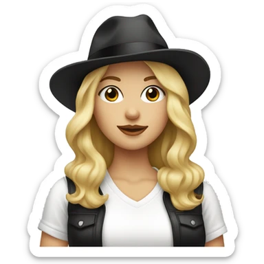 blonde white woman wearing an oversized glittery white tshirt + black fedora sticker