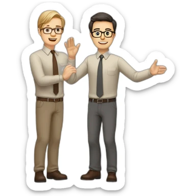 To belt Actively gesturing with hands Pale skinned fit man teacher with dark brown hair in gray jacket, beige office shirt, brown tie, brown pants and vintage glasses. sticker