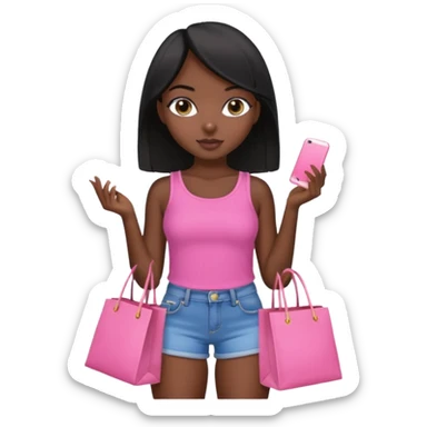 Uma menina morena cabelo liso preto olhos puxados fazendo compra com sacolas rosas  com top e short  sticker