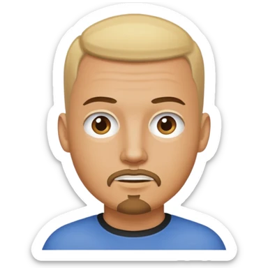 blonde buzz cut on a tan man with a brunette gottee sticker