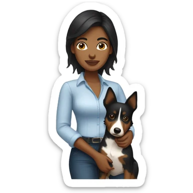 Apple style brown woman with medium black hair holding blue heeler sticker