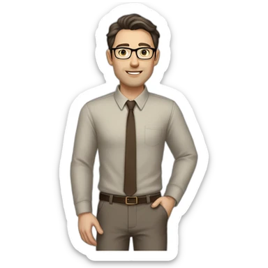 Full height Pale skinned fit man with dark brown hair in gray jacket, beige office shirt, brown tie, brown pants and vintage glasses. His right hand stretched out sticker