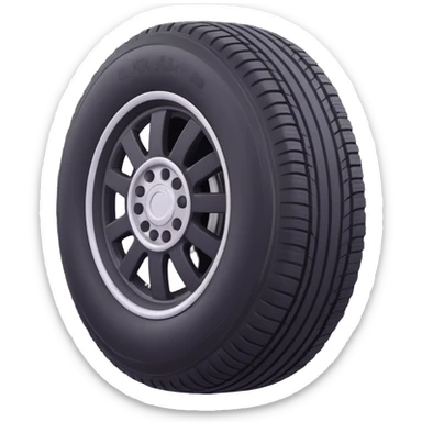3D emoji style car tire, front view, black rubber with simple tread, silver rim, simple and expressive sticker