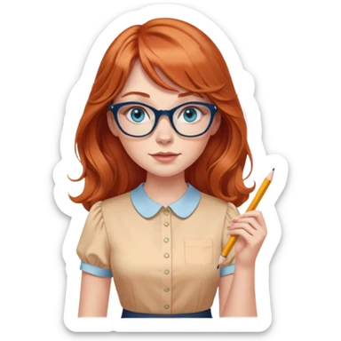 redheaded woman with long wavy hair and bangs, blue eyes, clear cat-eye glasses, short-sleeve apricot blouse, pencil skirt, holding a pencil sticker