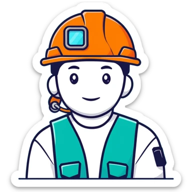 Male oil rig worker in uniform and safety helmet, minimalist design with soft gradients in sky blue, teal green, white, and light gray sticker